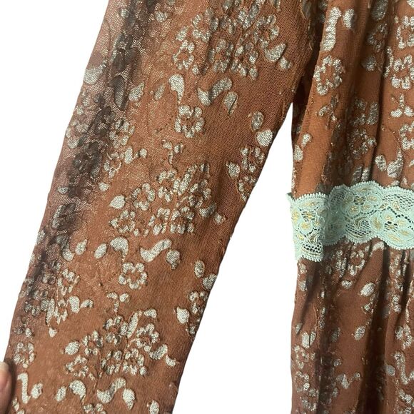 ivu jane Y2k Women's SIze Large Brown Babydoll Lace Floral Hippie Retro Blouse - Picture 4 of 9